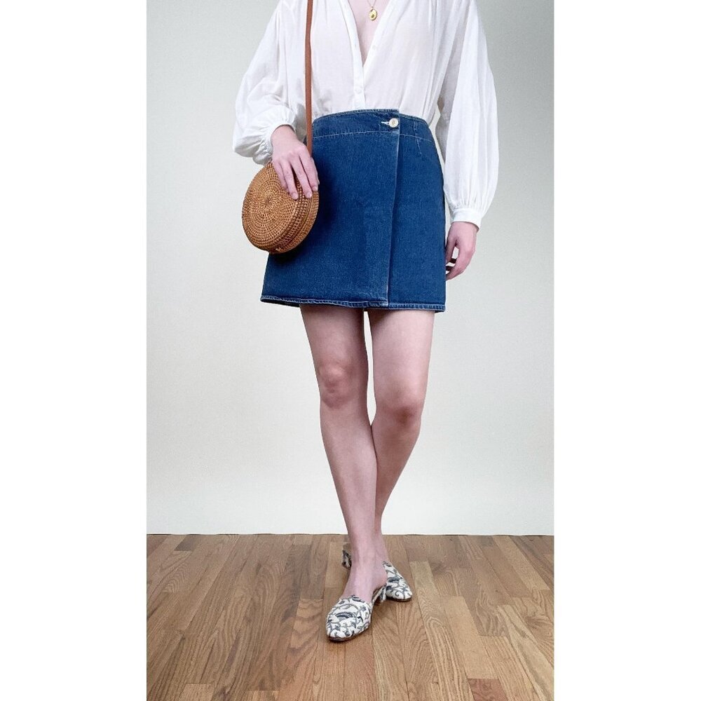 Vintage French Denim Jean Wrap Mini Skirt High Waisted Coastal Cowgirl 90s Y2K